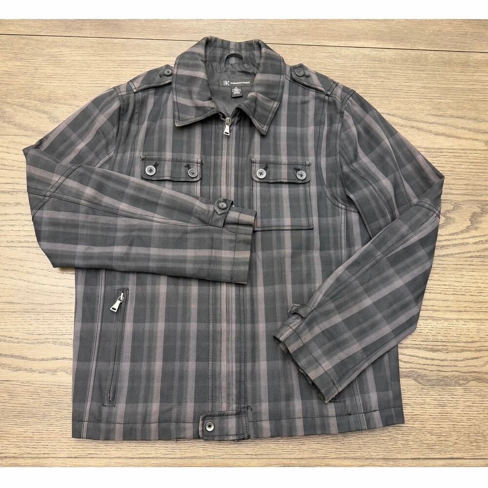INC International Concepts Plaid Jacket Mens Medium Gray Black Cotton